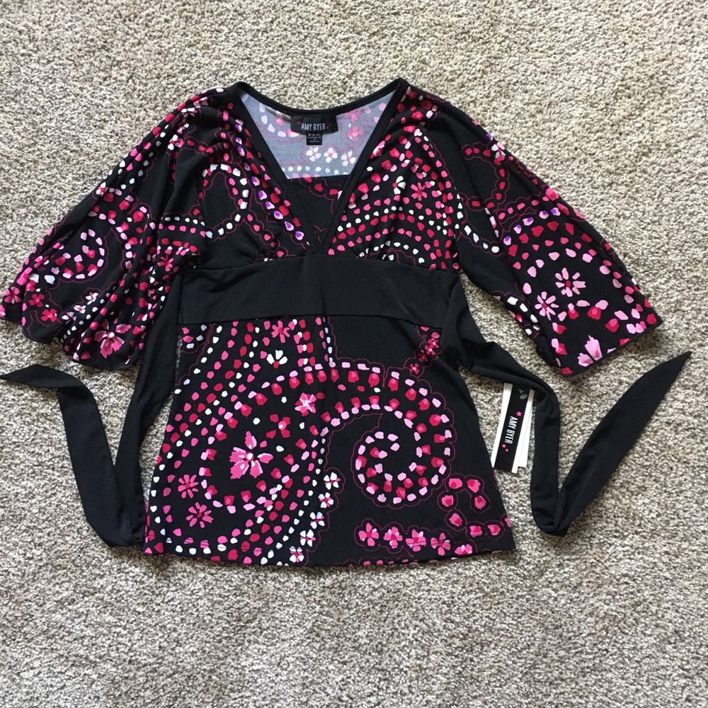 NWT Amy Byer 3/4 Sleeve Black Pink Top M 8 10